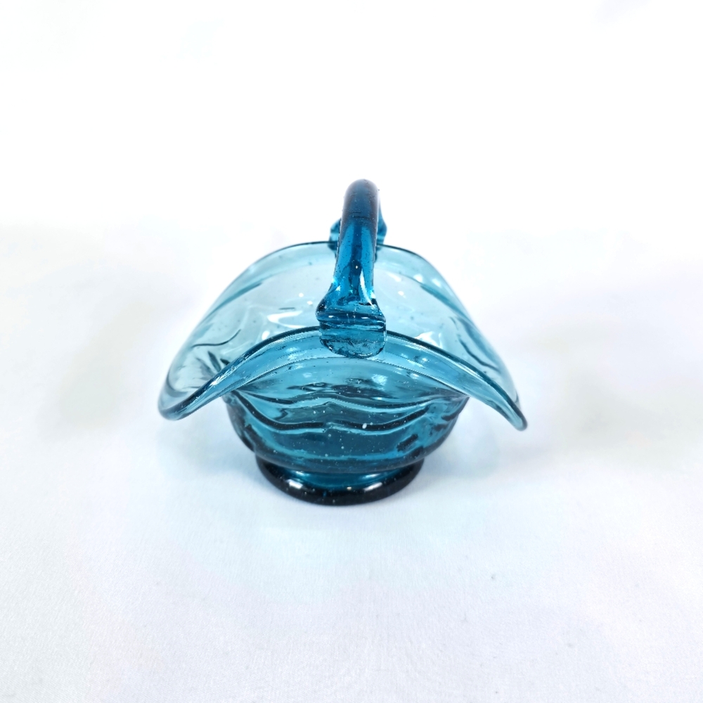 Vintage Handblown Seeded Glass Basket EOD End Of Day Teal Peacock Blue Turquoise